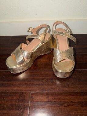 BAMBOO Metallic Gold Crisscross Platform Wedge Sandals